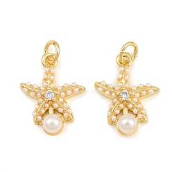 Real 18K Gold Plated Brass Micro Pave Clear Cubic Zirconia Pendants, with ABS Imitation Pearl, Starfish Charms, Real 18K Gold Plated, 18x13.5x5mm, Hole: 3mm