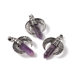 Amethyst Natural Amethyst Pendants, with Antique Silver Tone Alloy Ox Horn Findings, Cadmium Free & Lead Free, Faceted Bullet Charm, 49x36x15mm, Hole: 4x8mm