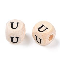 Letter U Печатные бусины из натурального дерева шима, горизонтальное отверстие, куб с начальной буквой, papayawhip, без свинца, Буква U, 8x8x8 мм, отверстие : 2.5~3 мм