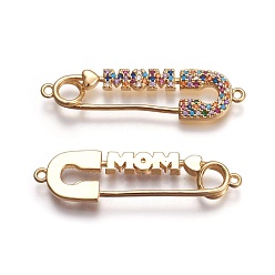 Golden Mother's Day Theme, Brass Micro Pave Cubic Zirconia Links, Safety Pin Shape with Word MOM, Colorful, Golden, 10x38.5x2.5mm, Hole: 1.5mm