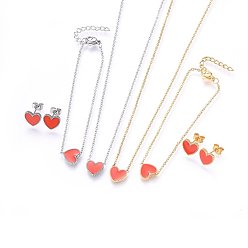 Mixed Color 304 Stainless Steel Jewelry Sets, Pendant Necklaces & Stud Earrings & Bracelets, with Enamel, Heart, Orange Red, Mixed Color, 15.75 inch(40cm), 6-3/4 inch(17cm), 9x10x2mm, Pin: 0.8mm