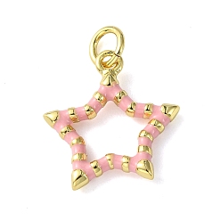 Pink Rack Plating Eco-Friendly Brass Enamel Pendants, with Jump Ring, Long-Lasting Plated, Lead Free & Cadmium Free, Real 18K Gold Plated, Star Charm, Pink, 16.5x14.5x2mm