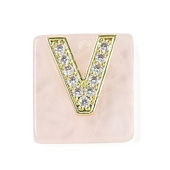 Letter V Природного розового кварца подвески, прямоугольные подвески с латунной микропаве прозрачной кубической циркониевой буквой, реальный 18 k позолоченный, долговечный, стойки покрытие, Буква V, 21x18x5 мм, отверстие : 1.4 мм