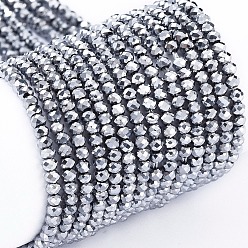Platinum Plated Electroplate Glass Beads Strands, Full Plated, Faceted, Rondelle, Platinum Plated, 2x1.5mm, Hole: 0.6mm, about 220~230pcs/Strand, 13.78~14.17 inch(35~36cm)