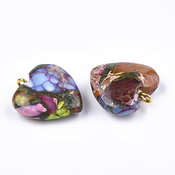 Colorful Synthetic Gold Line Regalite/Imperial Jasper/Sea Sediment Jasper Pendants, with Iron Findings, Heart, Golden, Colorful, 22x20.5x7mm, Hole: 2mm