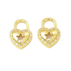 Прозрачный Латунные микро проложить кубического циркония подвески, долговечный, реальный 18 k позолоченный, без кадмия и без свинца, замок сердце со звездой, прозрачные, 15x10.5x3 мм, отверстие : 4.5 мм