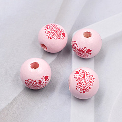 Pink Perles européennes en bois imprimé sur le thème de la saint-valentin, Perles avec un grand trou   , rond avec le mot happy valentine's day, rose, 16mm, Trou: 4mm