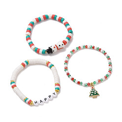 Mixed Color 3Pcs 3 Styles Polymer Clay Heishi Surfer Stretch Bracelets Set, Christmas Tree Alloy Enamel Charms Stackable Bracelet with Snowman Beaded for Women, Mixed Color, Inner Diameter: 2-1/8~2-1/4 inch(5.3~5.8cm), 1Pc/style