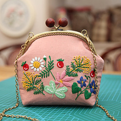 Pink DIY Flower Pattern Wood Bead Kiss Lock Handbag Embroidery Kits, Including Printed Cotton Fabric, Embroidery Thread & Needles, Embroidery Hoop, Pink, 270x450mm