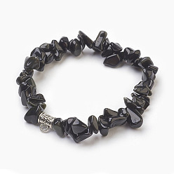 Obsidian Natural Obsidian Beads Stretch Bracelets, with Alloy Findings, Chip, 1-3/4 inch(4.5cm)