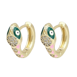 Pink Латунные микро проложить серьги обруча кубического циркония, без кадмия и без свинца, с эмалью, змея, реальный 18 k позолоченный, розовые, 20x21x7.5 мм