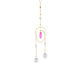 Fuchsia Iron Big Pendant Decorations, Teardrop Crystal Glass Hanging Sun Catchers, with Brass Moon Findings, for Garden, Wedding, Lighting Ornament, Fuchsia, 360mm