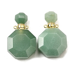 Зеленый Авантюрин Подвески для флаконов с натуральным зеленым авантюрином, с 304 фурнитурой из нержавеющей стали, граненые, восьмиугольные прелести, золотые, 39~40x24~25x11~12 мм, отверстие : 1.8 мм