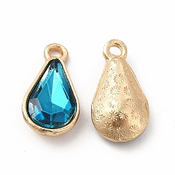 Indicolite Faceted Glass Rhinestone Pendants, with Golden Zinc Alloy Setting, Teardrop Charm, Indicolite, 18x9.5x5.5mm, Hole: 1.5mm
