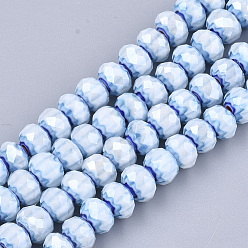 Light Sky Blue Glass Beads Strands, Faceted, Rondelle with Flower, Light Sky Blue, 7.5~8x5.5mm, Hole: 1~1.5mm, about 74pcs/strand, 16.1 inch