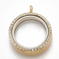 Golden Alloy Magnetic Locket Pendants, with Rhinestone and Glass, Flat Round, Crystal, 37x30.5x7.5mm, Hole: 3.5mm, Inner diameter: 23mm