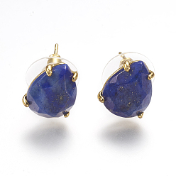Lapis Lazuli Natural Lapis Lazuli Stud Earrings, with Golden Tone Brass Findings, Faceted Teardrop, 13.5~14x10.5mm, Pin: 0.8mm