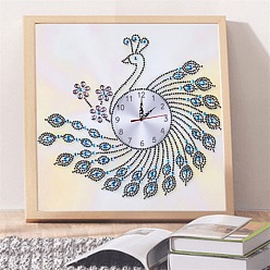 Peacock DIY Clock Diamond Painting Kits, Including Canvas, Resin Rhinestones, Diamond Sticky Pen, Tray Plate and Glue Clay, Peacock Pattern, 350x350mm