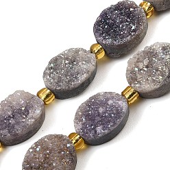 Фиолетовый Гальванизированные натуральные druzy кварцевые бисерные пряди, с бисером, Плоско-овальные, фиолетовые, 14~14.5x10~10.5x4.5~7.5 мм, отверстие : 0.7 мм, около 11 шт / нитка, 7.17~7.48 дюйм (18.2~19 см)