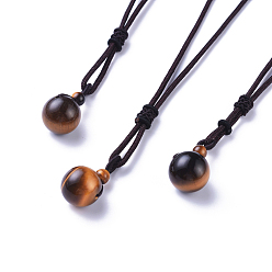 Tiger Eye Natural Tiger Eye Pendant Necklaces, with Nylon Cord, Round, 27.55 inch(70cm)
