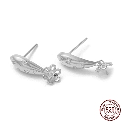 Real Platinum Plated Rhodium Plated Flower 925 Sterling Silver Micro Pave Cubic Zirconia Stud Earring Findings, for Half Drilled Beads, with S925 Stamp, Real Platinum Plated, 19x5.5mm, Pin: 0.9mm and 11x0.9mm