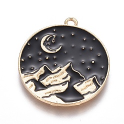 Black Alloy Pendants, with Enamel, Flat Round with Mountain, Light Gold, Black, 26x24x1.5mm, Hole: 1.8mm