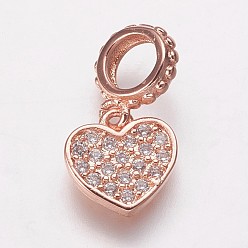 Rose Gold Brass Cubic Zirconia European Dangle Charms, Large Hole Pendants, Heart, Clear, Rose Gold, 16mm, Hole: 4.5mm, Pendant: 9x9x1.5mm