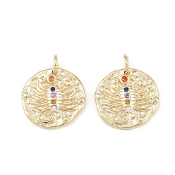 Scorpio Brass Micro Pave Colorful Cubic Zirconia Charms, Round with Constellation Charms, Rack Plating, Long-Lasting Plated, Cadmium Free & Lead Free, Golden, Scorpio, 14~15x14~15x1.6~2.2mm