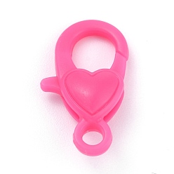 Hot Pink Plastic Lobster Claw Clasps, Heart, Hot Pink, 22.5x13x6.5mm, Hole: 3mm