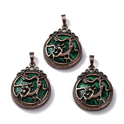 Малахит Синтетического малахита подвески, плоские круглые латунные подвески, без свинца и без кадмия, 34.5x27x8 мм, отверстие : 6.5x5 мм