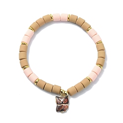 Coconut Brown Polymer Clay Column Beaded Stretch Bracelets, with Alloy Owl Charms, Coconut Brown, Inner Diameter: 2-1/4 inch(5.7cm)