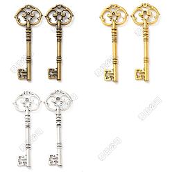 Couleur Mélangete 6 pcs 3 couleurs style tibétain gros pendentifs en alliage de zinc, clé, couleur mixte, 82x31x5.5mm, Trou: 2mm, 2 pcs / couleur