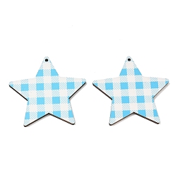 Deep Sky Blue MDF Double-faced Printed Big Pendants, Star with Tartan Pattern Charms, Deep Sky Blue, 47.5x50x2.5mm, Hole: 1.8mm