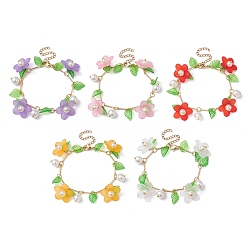 Mixed Color Acrylic Flower & Glass Pearl Charm Bracelets, with Brass Chains, Mixed Color, 6-7/8~7-1/8 inch(17.5~18cm)