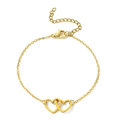 Golden Alloy Interflocking Heart Link Bracelet with Brass Cable Chains, Golden, 7-1/8 inch(18.2cm)