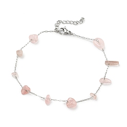 Rose Quartz Natural Rose Quartz Chips Beaded Anklet with 304 Stainless Steel Chains for Women, 8-7/8 inch(22.5cm)
