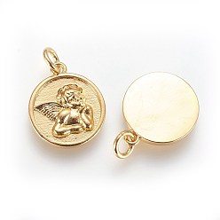 Golden Brass Charms, with Jump Ring, Flat Round with Angel, Golden, 15x13x2mm, Hole: 3mm