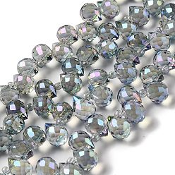 Зеленый газон Стеклянные бусины с гальваническим покрытием , слеза, зеленый газон, 10~11x8 мм, отверстие : 1 мм, около 93 шт / нитка, 62 см