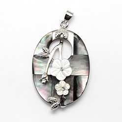 Black Lip Shell Brass White Shell Oval with Flower Pendants, with Rhinestone, 48x31x8mm, Hole: 4x5mm