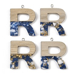Letter R Кулоны из непрозрачной смолы и дерева, буквы, с платиновой петлей, Буква R, 37.5~45x11~53x6 мм, отверстие : 2 мм