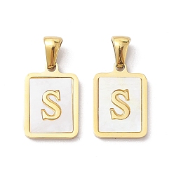 Letter S Ion Plating(IP) 304 Stainless Steel Pave Shell Pendants, Rectangle Charm, Real 18K Gold Plated, Letter S, 17.5x12x1.5mm, Hole: 3x5mm