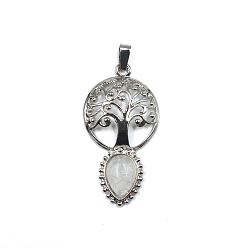 Quartz Crystal Natural Quartz Crystal Teardrop Pendants, Tree of Life Charms with Platinum Plated Metal Findings, 49x26mm