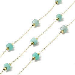 Amazonite Ion Plating(IP) 316 Surgical Stainless Steel Paperclip Chains, with Natural Amazonite Column Beads, Soldered, Real 18K Gold Plated, with Spool, Link: 2.5x1x0.3mm