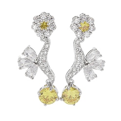 Желтый Женские серьги-гвоздики из латуни с фианитом и цветком, платина, желтые, 30x12 мм