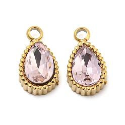 Pink Real 14K Gold Plated 304 Stainless Steel Pendants, with Glass, Teardrop, Pink, 10x5.5x4mm, Hole: 1.6mm