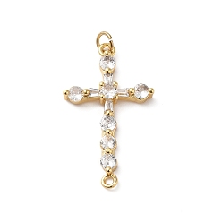 Clear Rack Plating Brass Pave Cubic Zirconia Connector Charms, Cross Links, Lead Free & Cadmium Free, Real 18K Gold Plated, Long-Lasting Plated, Clear, 34x20x4.5mm, Hole: 3.4mm