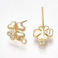 Real 18K Gold Plated Brass Cubic Zirconia Stud Earring Findings, with Loop, Clover, Clear, Nickel Free, Real 18K Gold Plated, 11.5x9mm, Hole: 1mm, Pin: 0.7mm