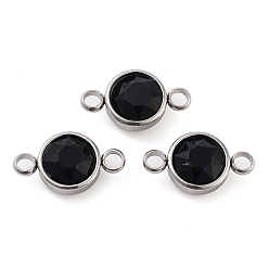 Jet Glass Connector Charms, Faceted, Flat Round Links, with Stainless Steel Color Tone 304 Stainless Steel Findings, Jet, 17.5x10x6.5mm, Hole: 2.5mm