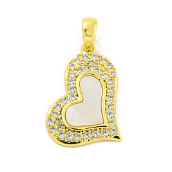 Real 18K Gold Plated Shell Pendants, with Brass Micro Pave Clear Cubic Zirconia Pendants, Heart, Real 18K Gold Plated, 21x15x2mm, Hole: 5x3.5mm