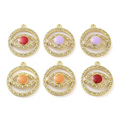 Mixed Color Brass Micro Pave Clear Cubic Zirconia Pendants, with Enamel, Real 18K Gold Plated, Round Ring with Horse Eye Charm, Mixed Color, 23x20x4mm, Hole: 1.8mm